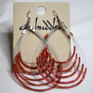 NWT City Buddha Multi Layer Silver Tone Wire Teardrop Red Beaded 3+" Earrings
